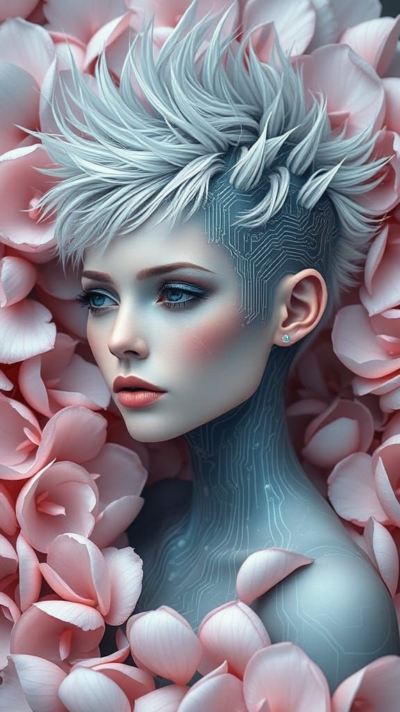 Cyberpunk Goddess Amidst Ethereal Blooms