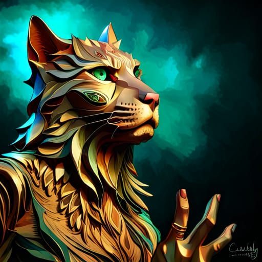 Golden Cat Statue with Jewels in Fantasy Style