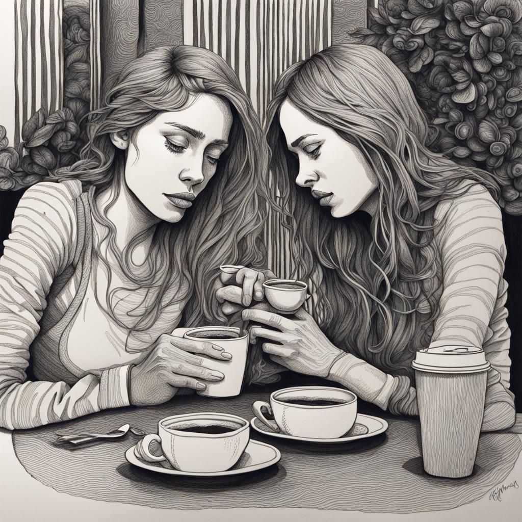 Romantic Ink Drawing: Coffee vs No Coffee
