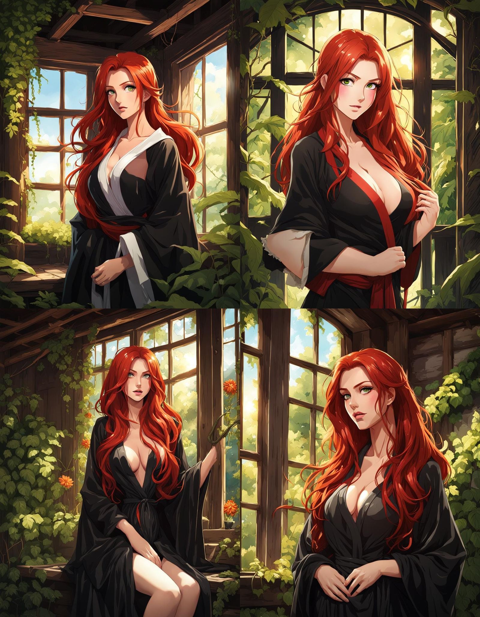 Anime Portrait of a Red-Haired Woman in Cottage