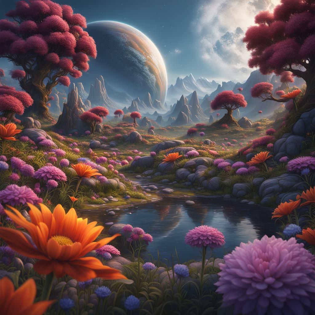 Fantastical Flower Planet in Detailed Digital Painting