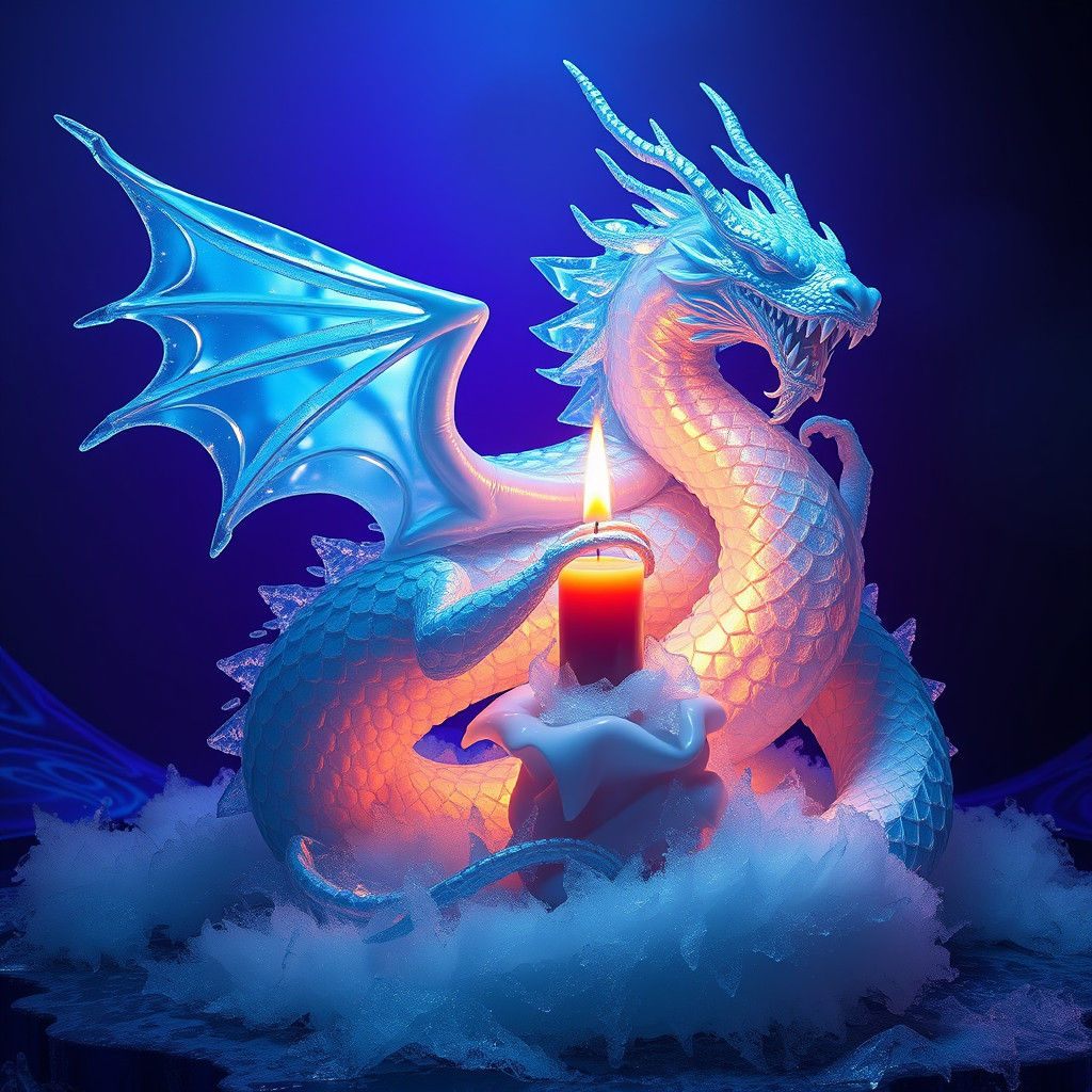 Icy Dragon Sculpture with Candle, Digital Art