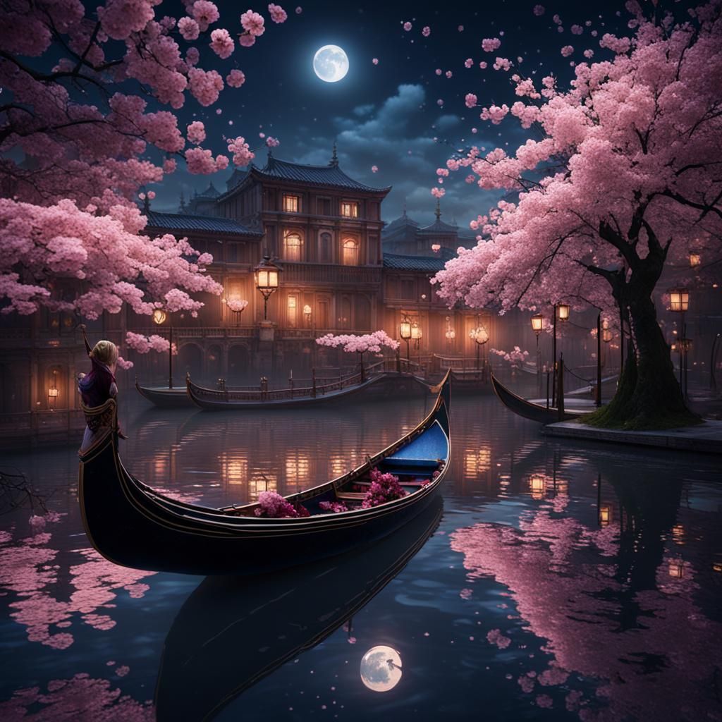 Moonlit Cherry Blossoms and Distant Gondola