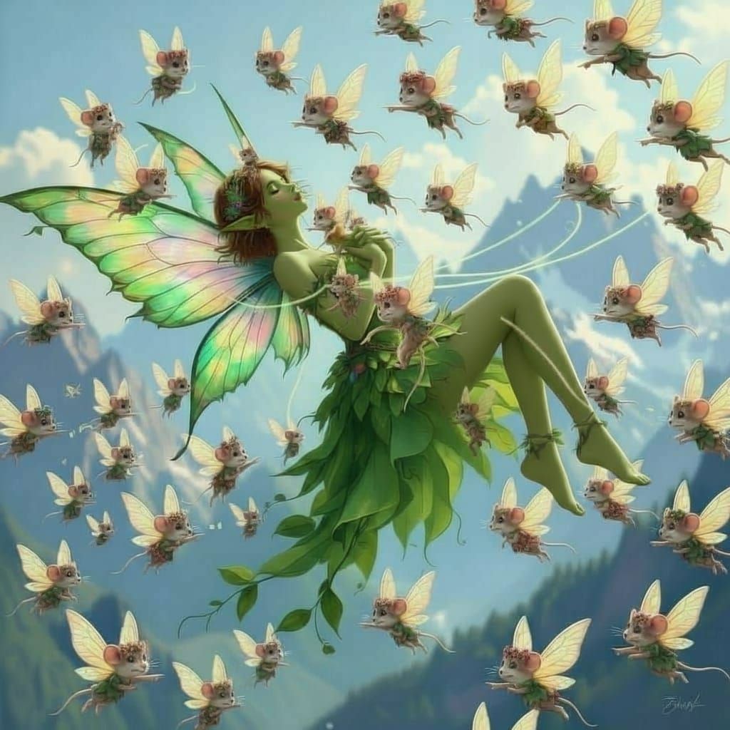Fairy Mice Guide Wounded Fairy Over Mountains