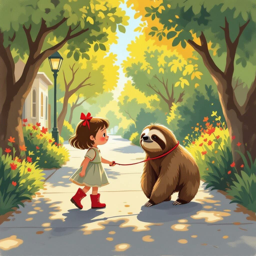 Girl Walks Pet Sloth on Sunlit Sidewalk in Whimsical Style