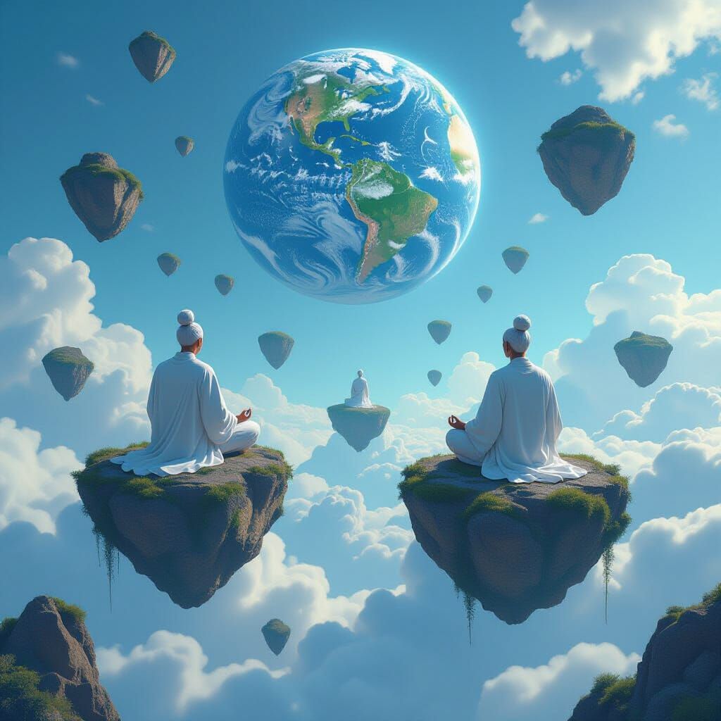 Ascetics Meditate on Floating Rocks in Ethereal Sky