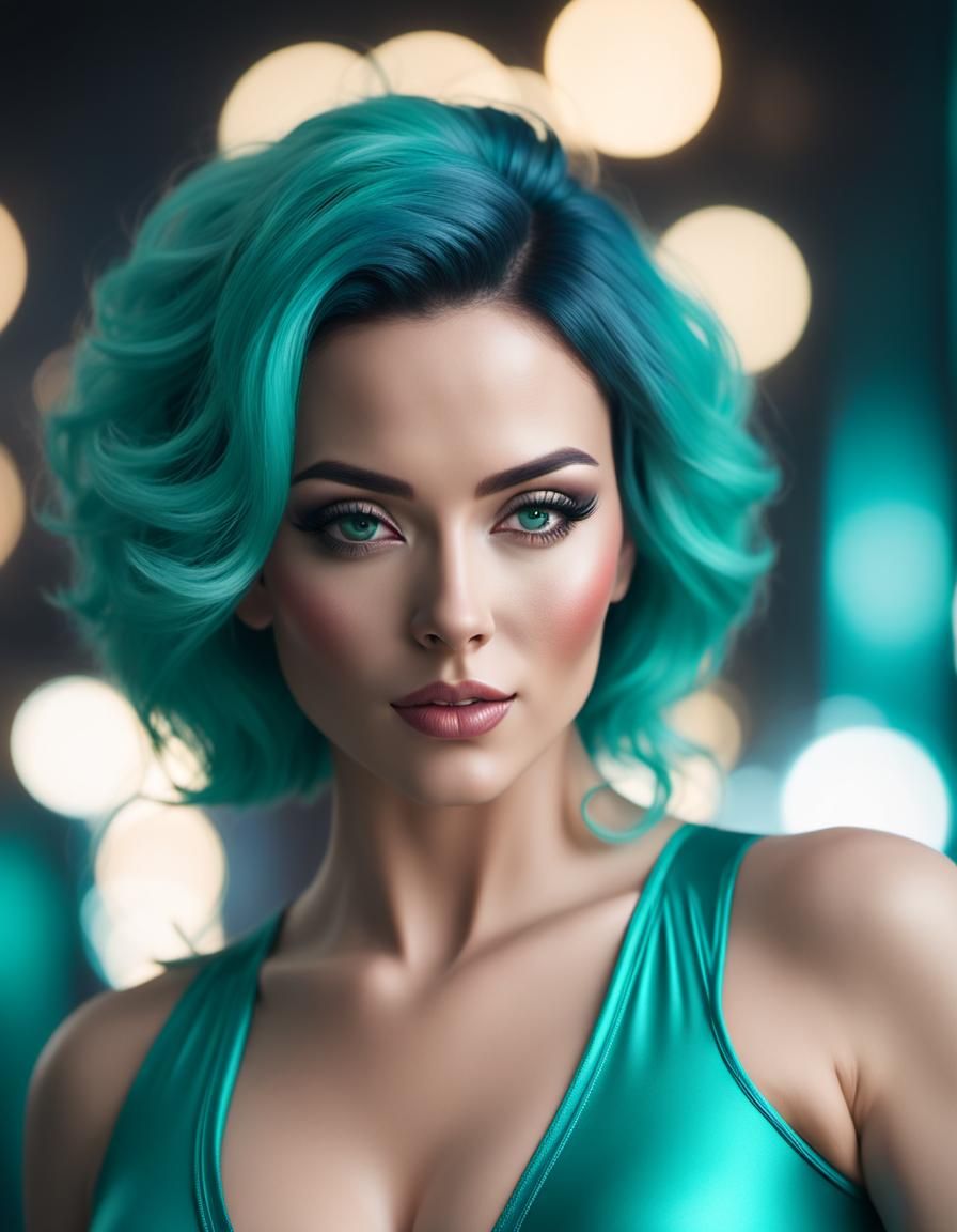 Vivid Digital Portrait of Teal-Haired Woman