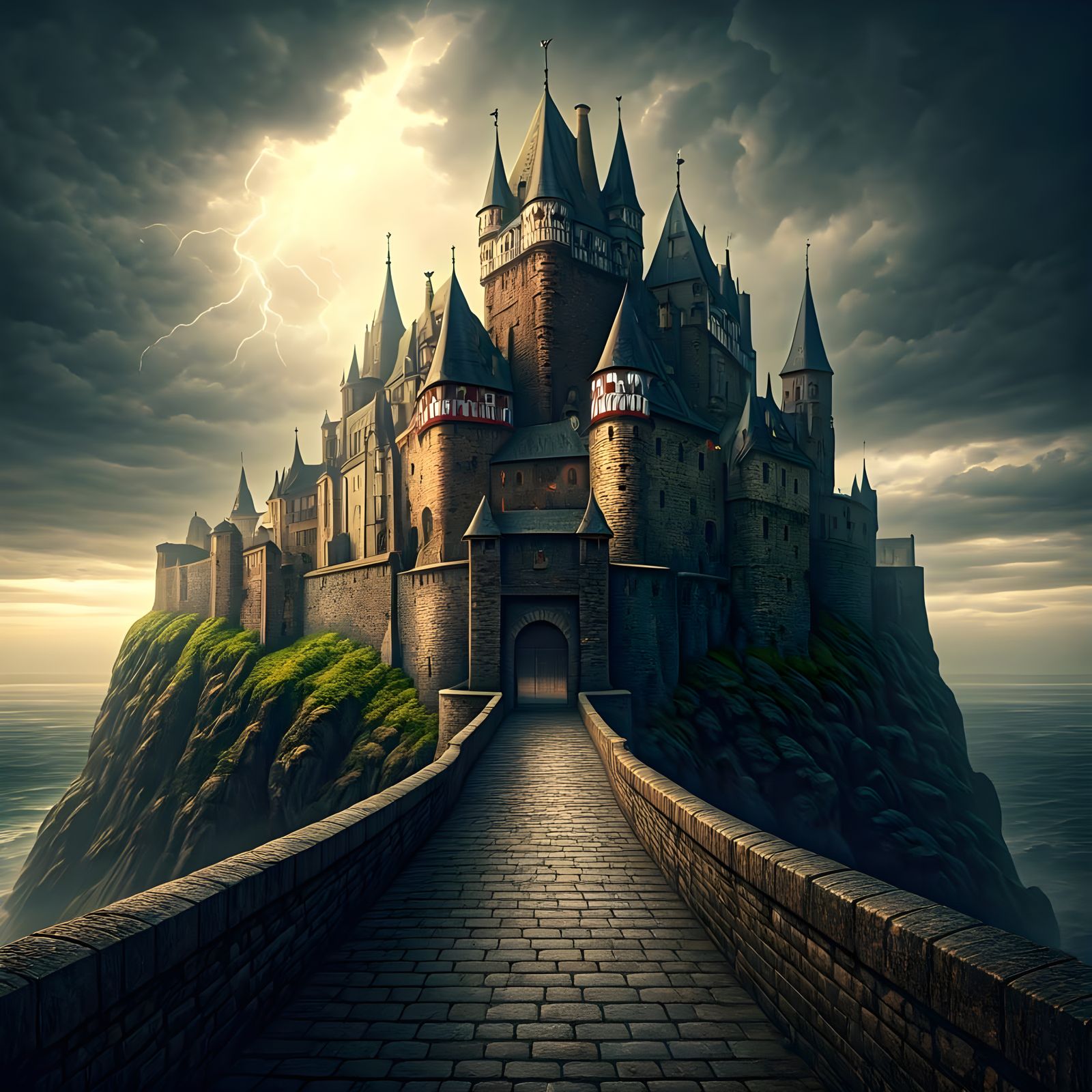 Majestic Dark Fantasy Castle Perched on a Stormy Mountain