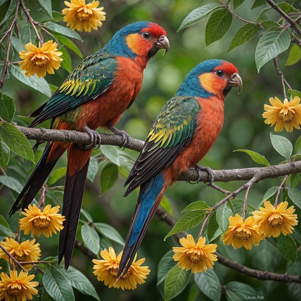 Vibrant Photograph of Four Eastern Rosellas on a Branch
