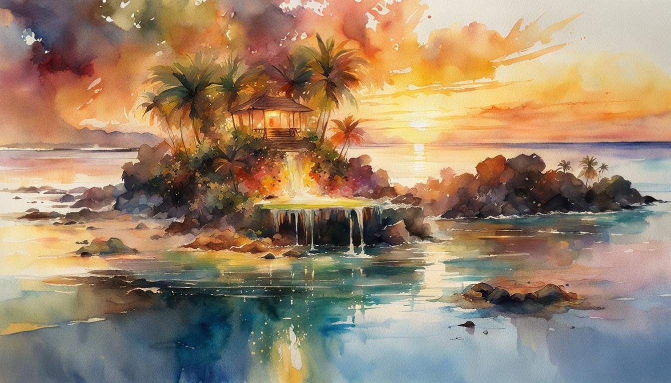 Watercolor Island Oasis at Golden Hour