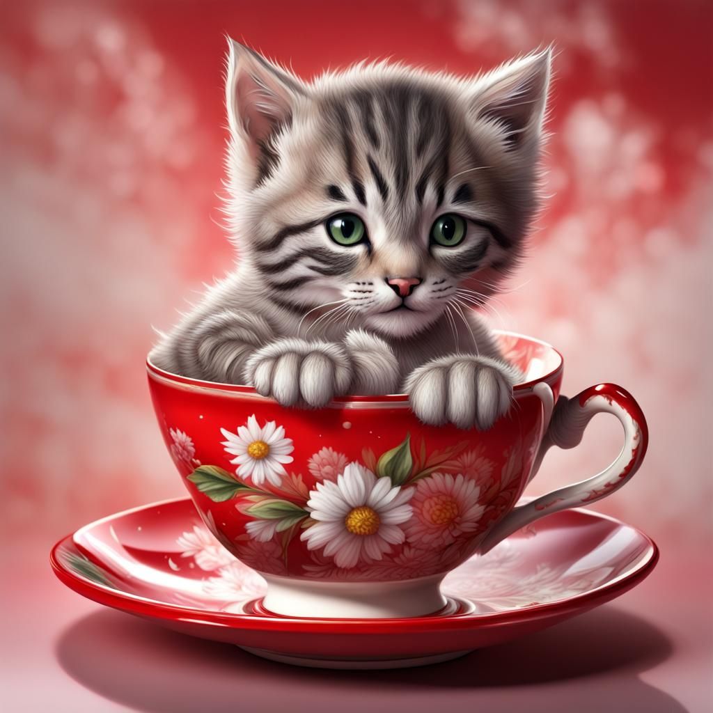 Gray Tabby Kitten in Teacup, Hyperrealistic Art