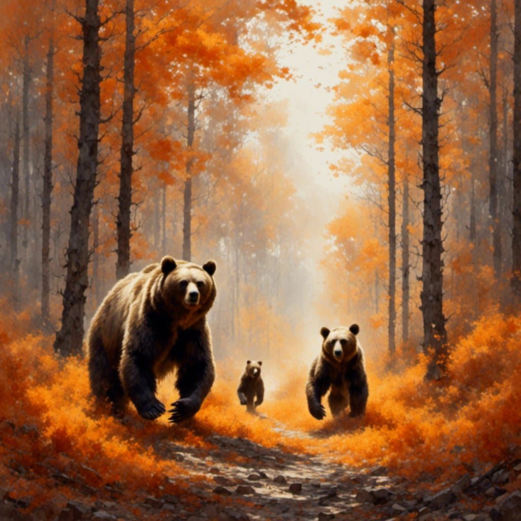 Bear in Autumn Leaves: Oil Painting Concept Art