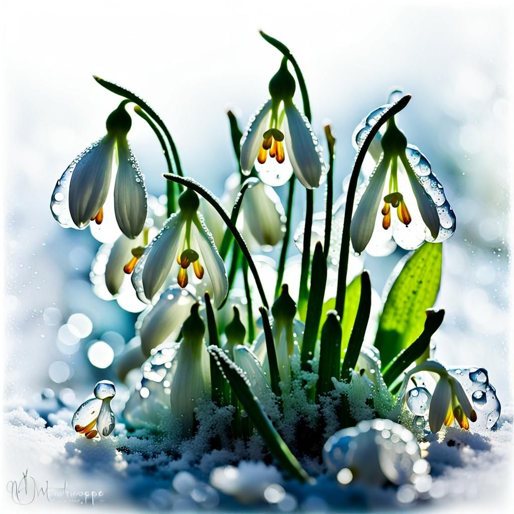 Delicate Snowdrops in Ice: Digital Watercolor Art