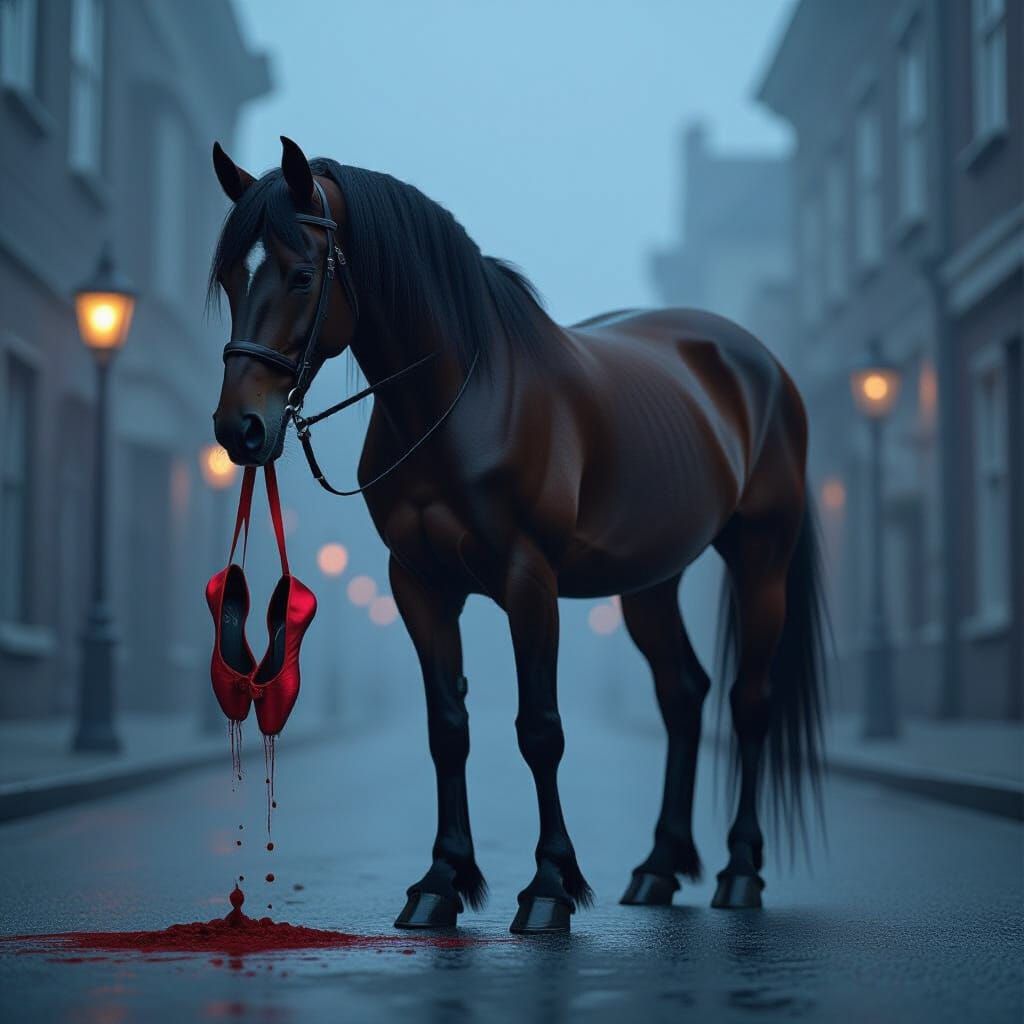 Horse with Bloody Slippers in Fog, Dark Romanticism
