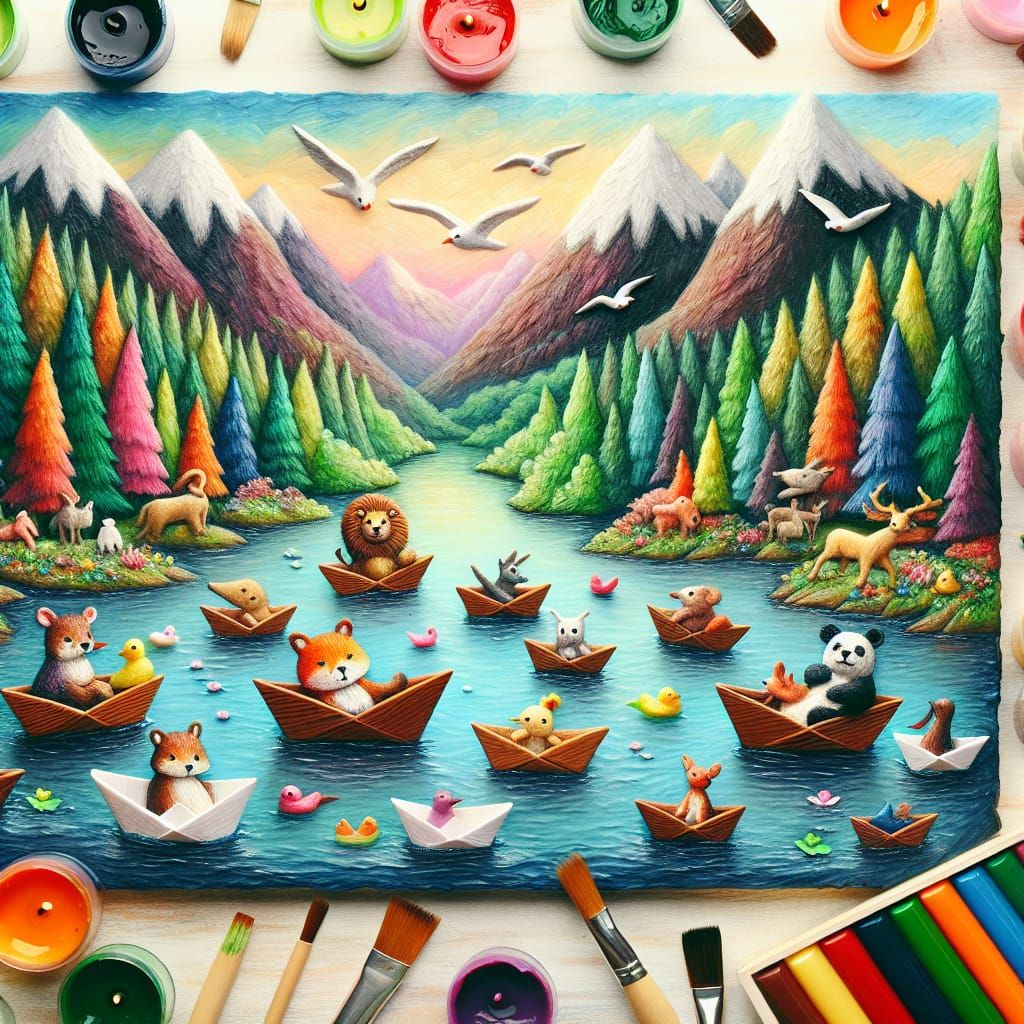 Charming Wax Painting of Animals on Paper Boats