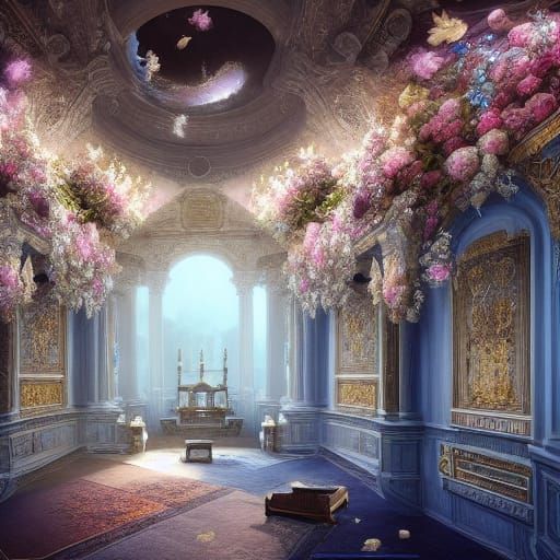 Baroque Interior with Flowers, Pool, and Starry Ceiling