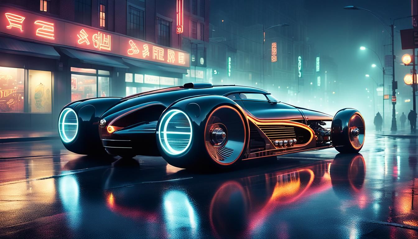Deco Hyper-Car on Misty Cyberpunk City Street