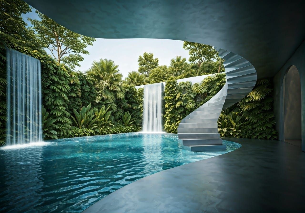 Dreamy Space Age Home with Waterfall and Pool
