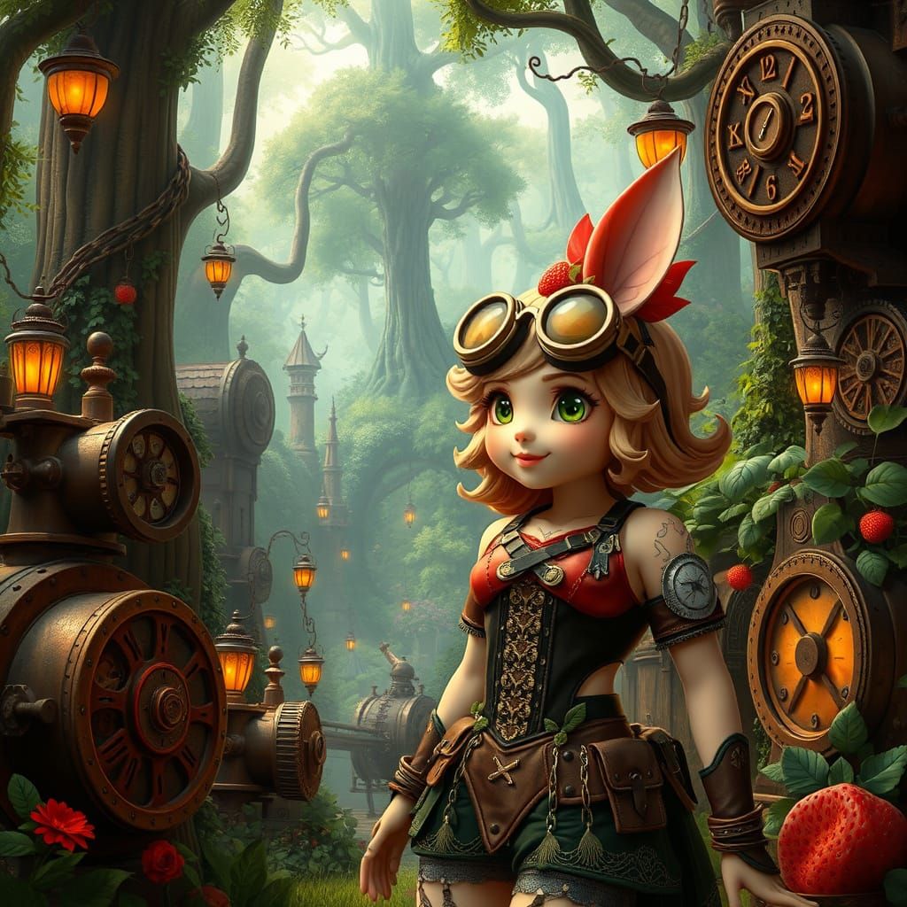 Strawberry Shortcake in Steampunk Forest, Digital Art