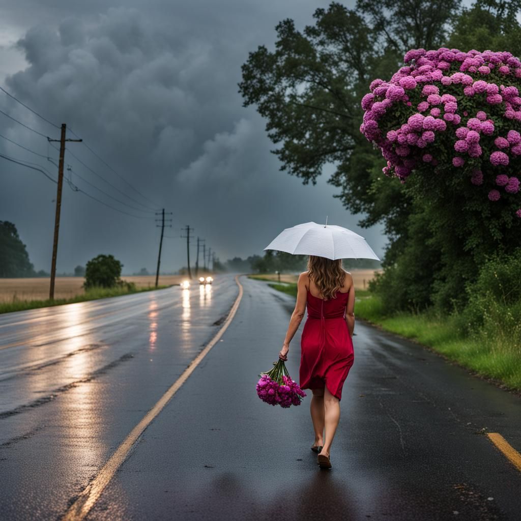 Woman Walks Telegraph Road in Thunderstorm