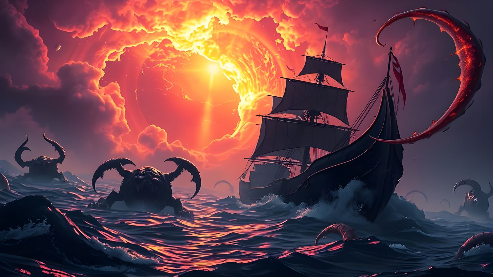 Dark Fantasy Masterpiece: Ghost Ship in Lava-Tinged Skies