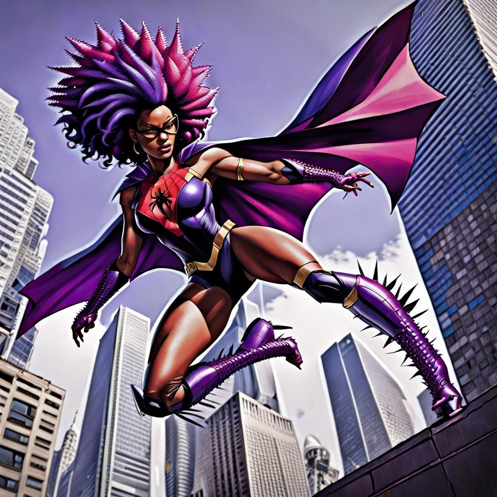 Spiderwoman: High-Flying Superhero in Comic Style