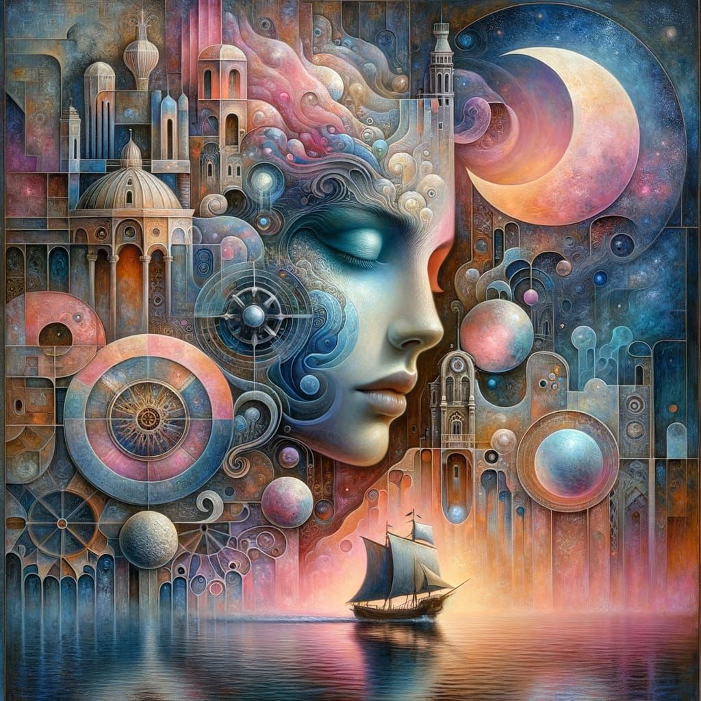 Dreamlike Surrealism: Serene Enigma Under Starlit Seas