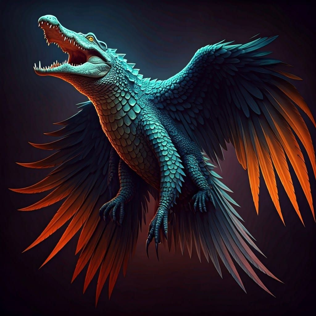 Iridescent Crocodile-Eagle in Psychedelic Flight