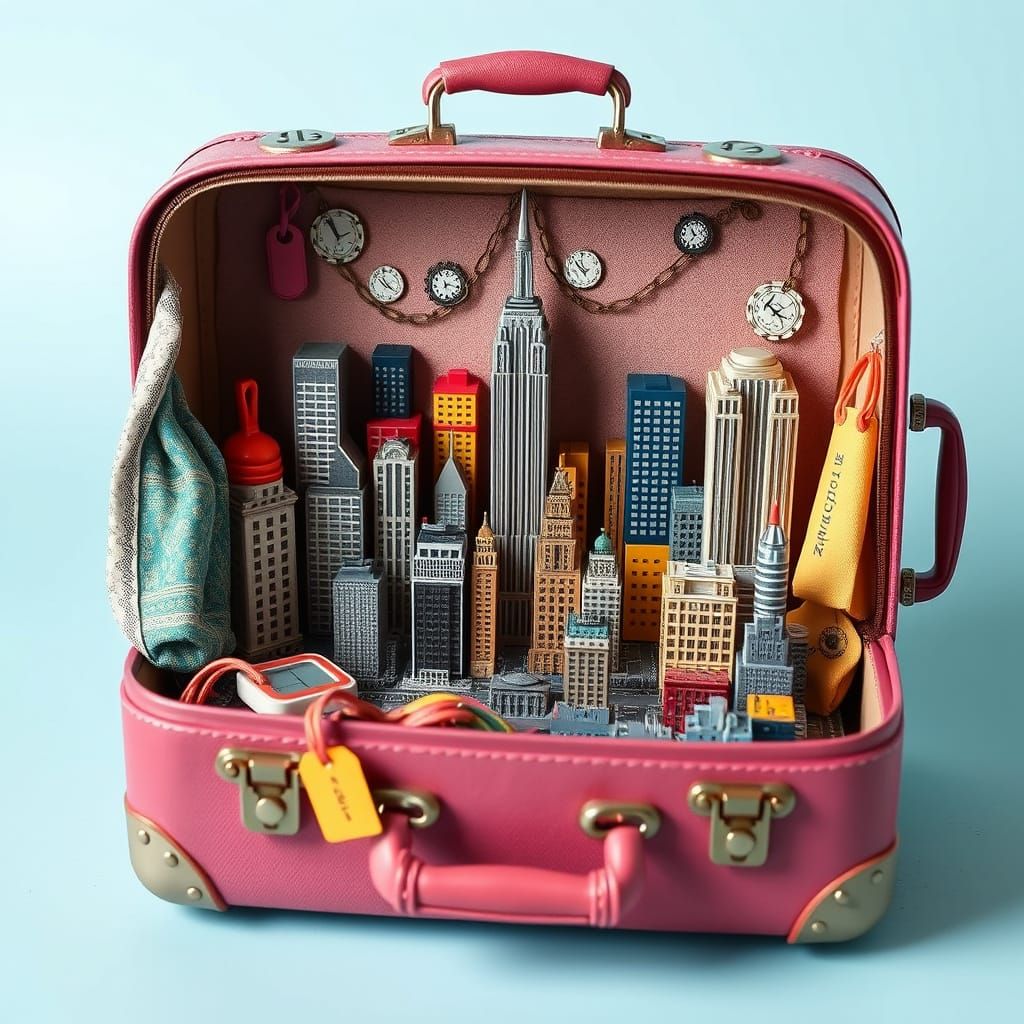 Mini NYC Skyline in Open Suitcase: Hyperrealistic Image