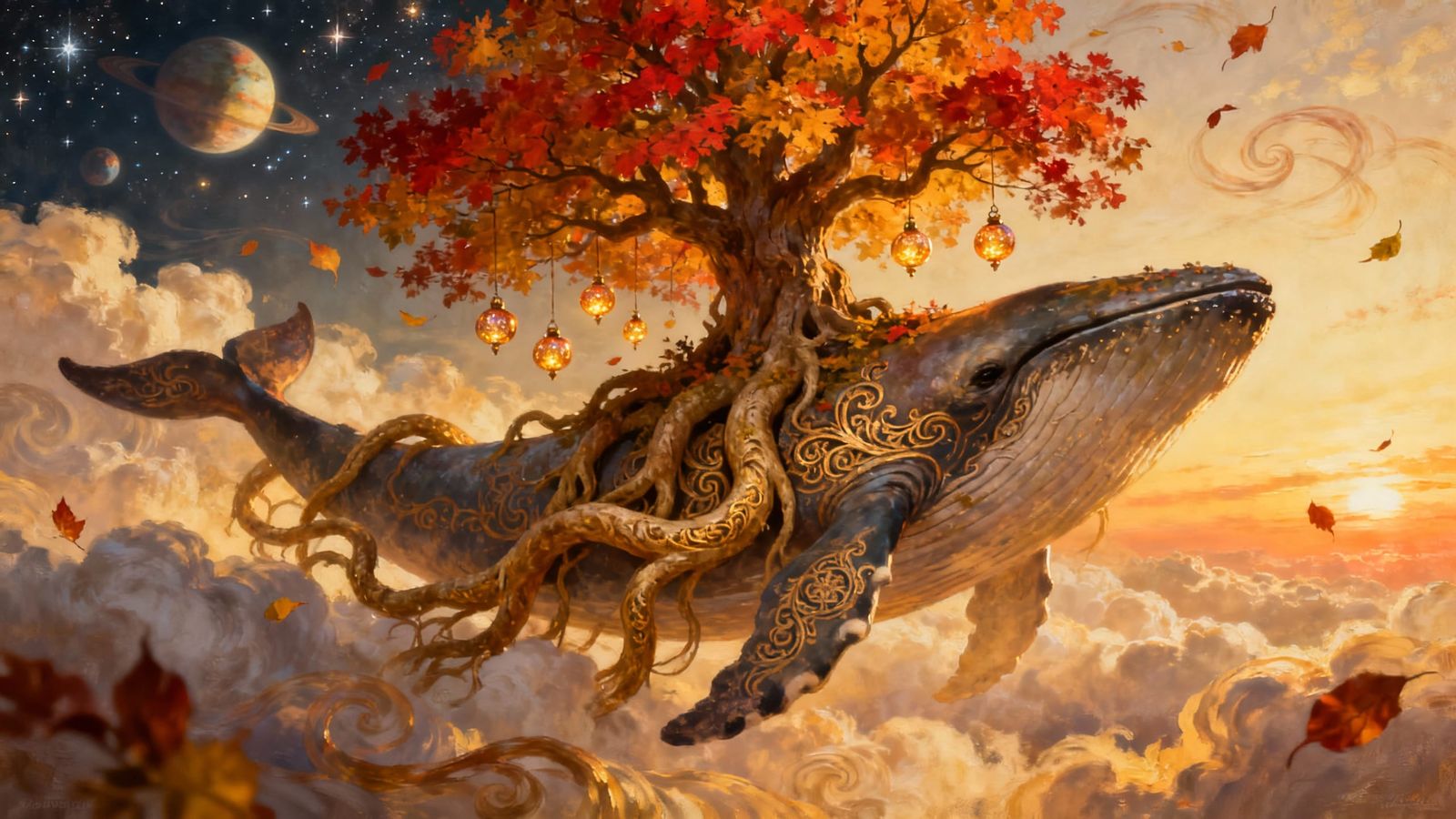 Fantasy Autumn Tree on Whale in Starry Sunset Clouds