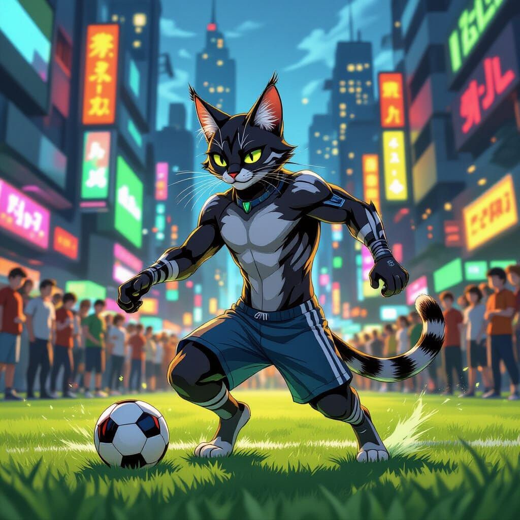 Serval Cat Plays Soccer in Futuristic City: Manga Style