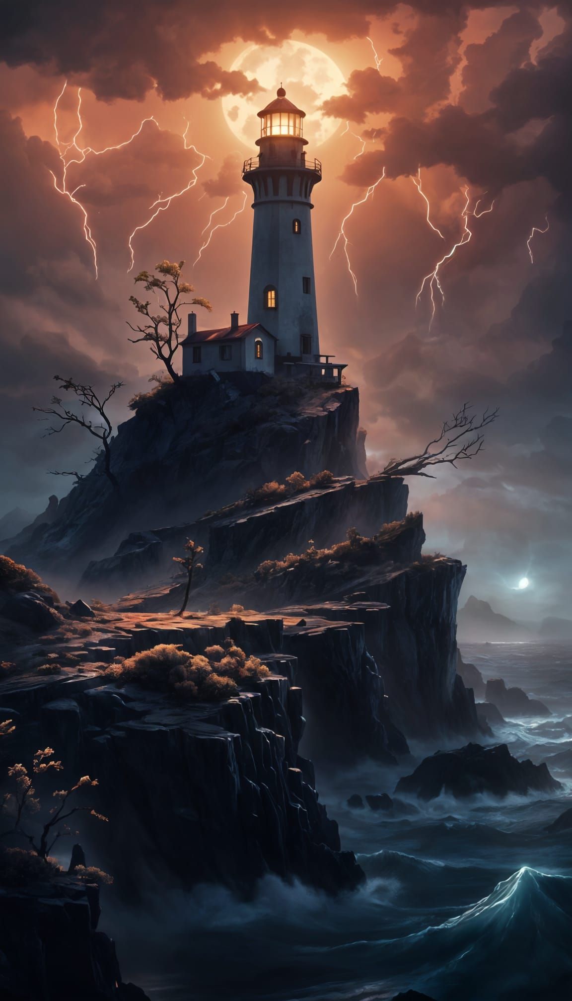 Bioluminescent Lighthouse Amidst Stormy Seas