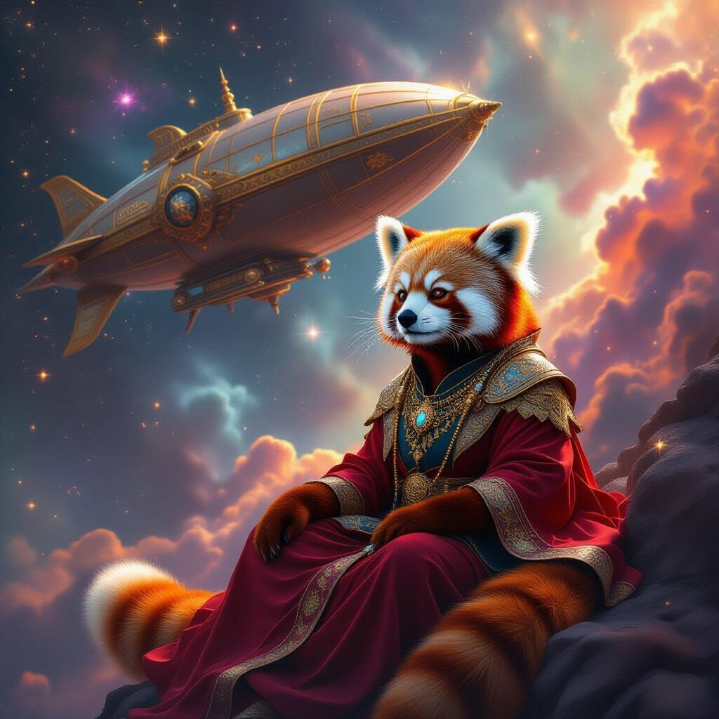 Majestic Red Panda in Cosmic Airship Nebula