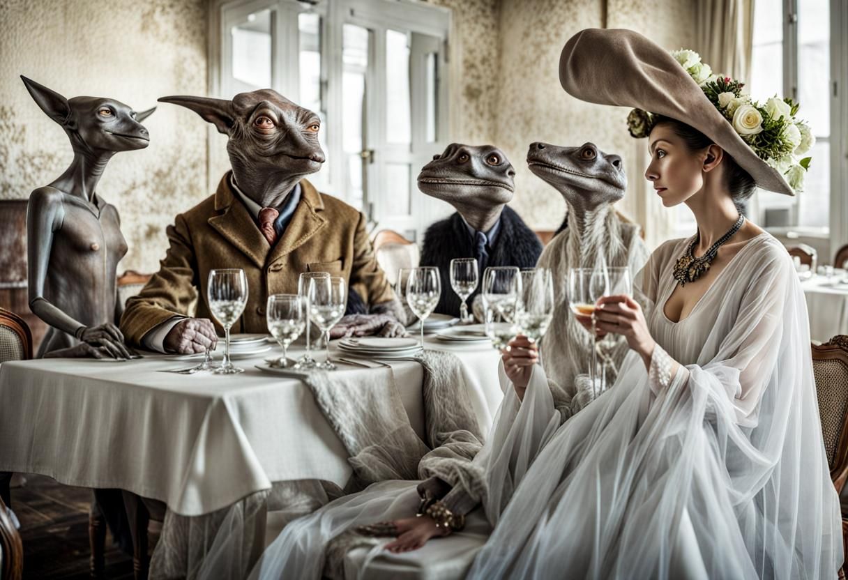 Exotic Aliens Celebrate in Surreal Restaurant: Digital Art