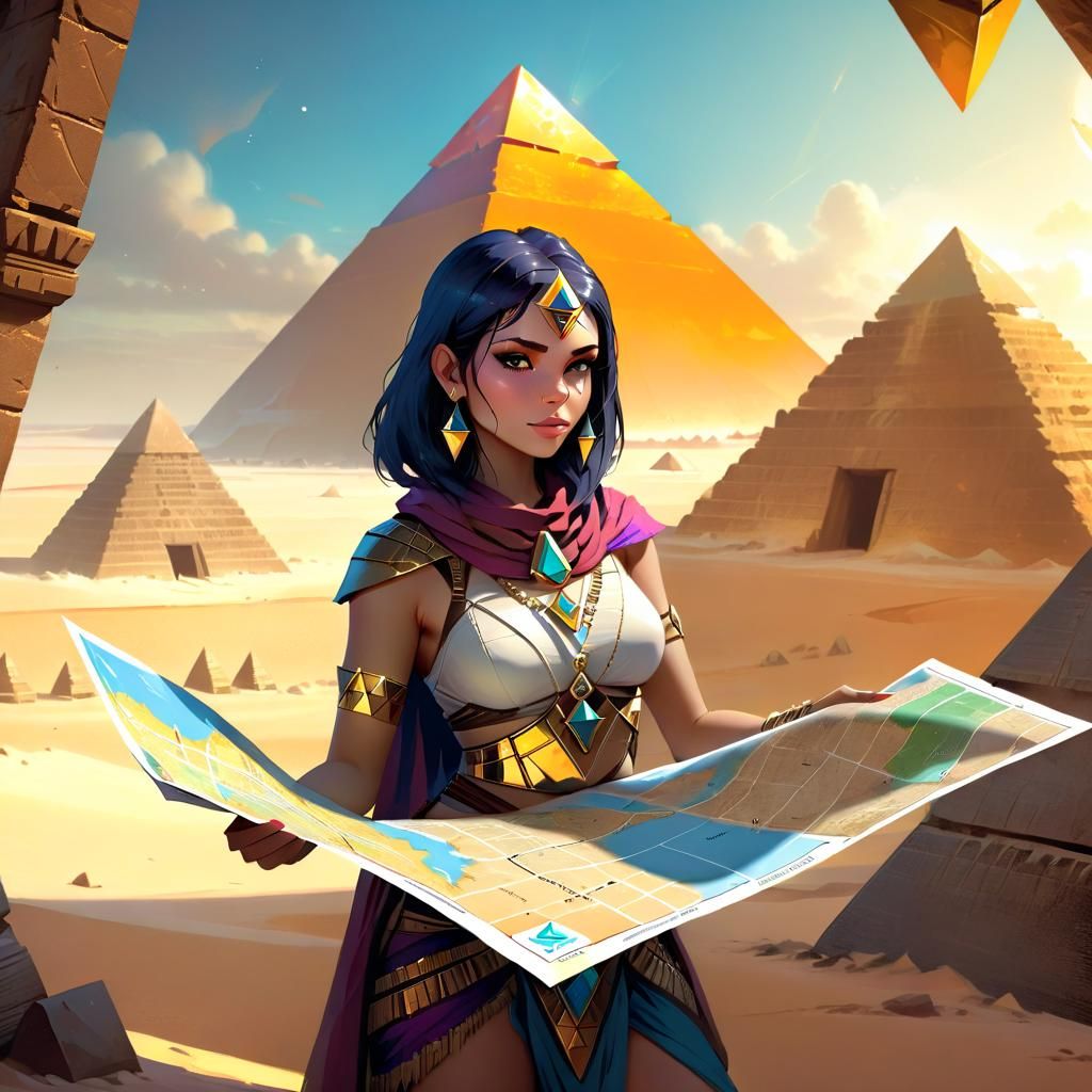 Woman with Map at Magical Pyramids Landscape