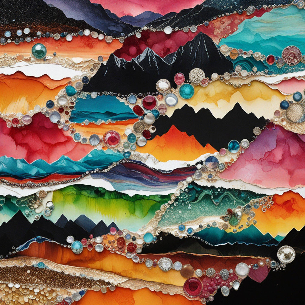 Surreal Folk Art Ocean Sunset with Diamonds and Mountains