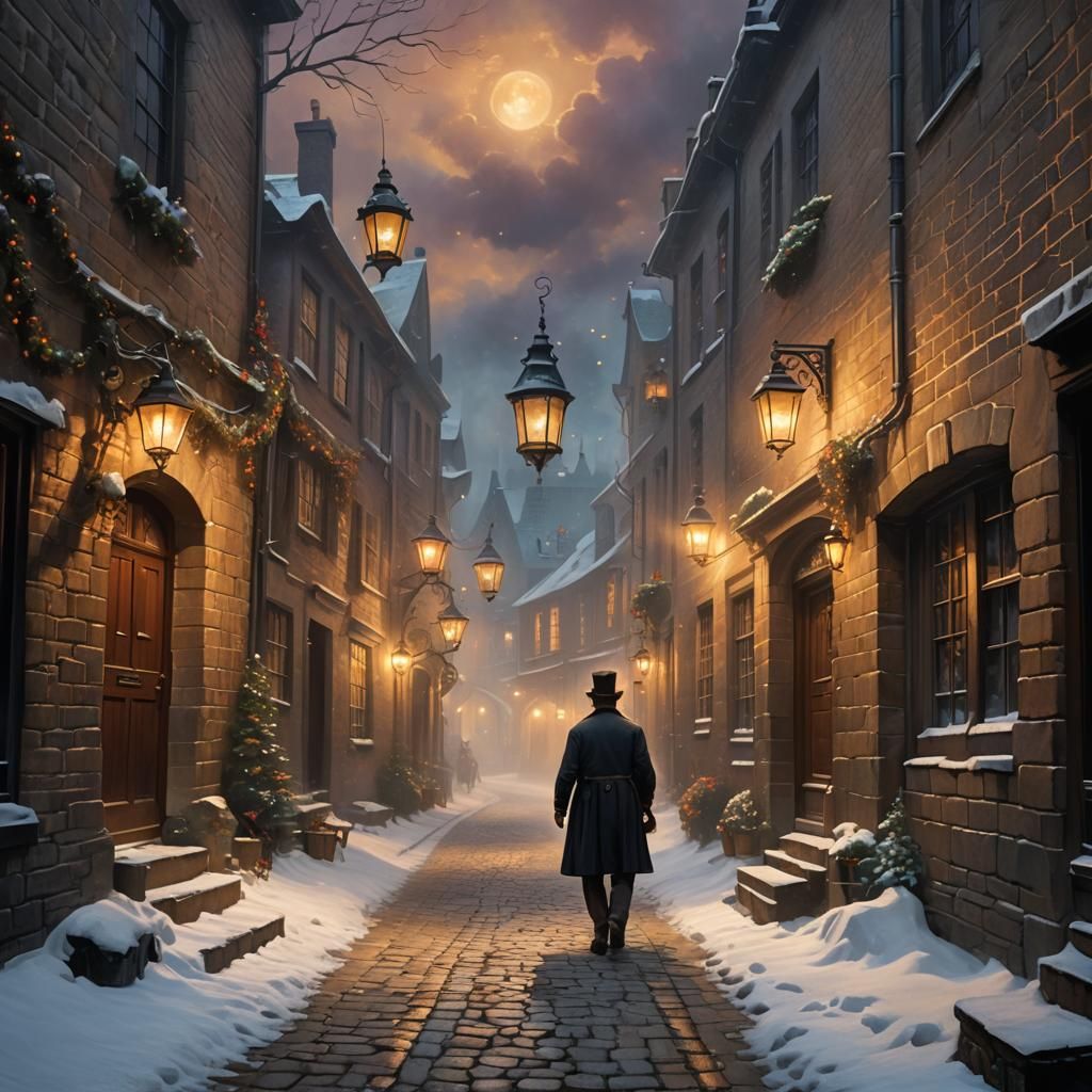 Victorian Pauper in Misty Christmas Alleyway