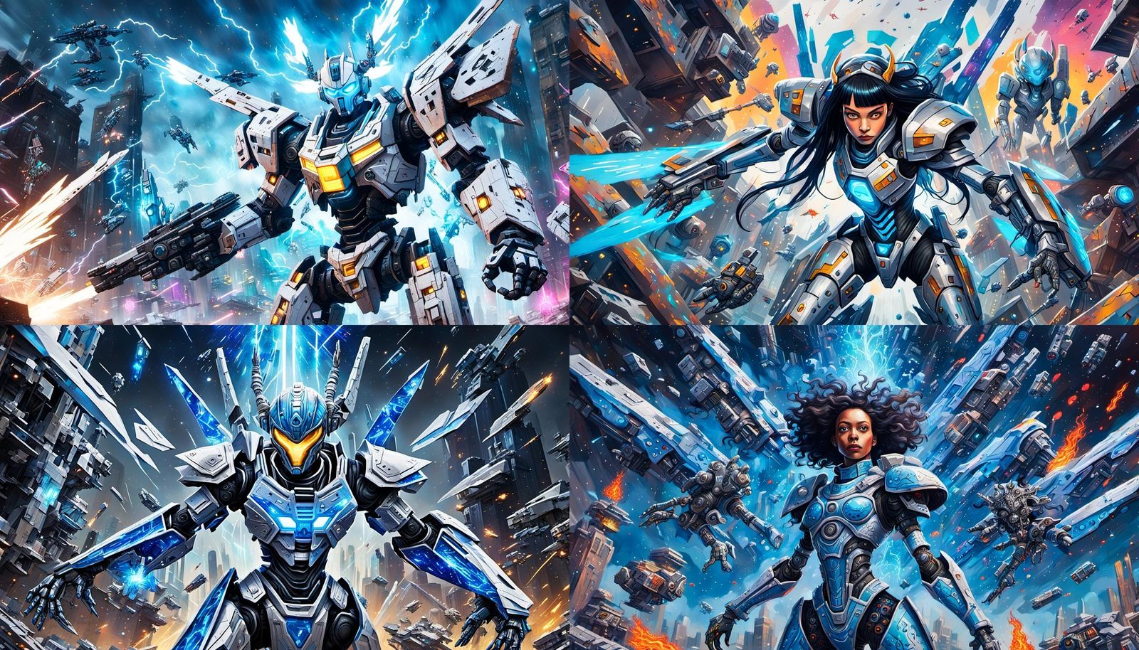 Alien Queen Elara Above Robot Battlefield in Graffiti Style