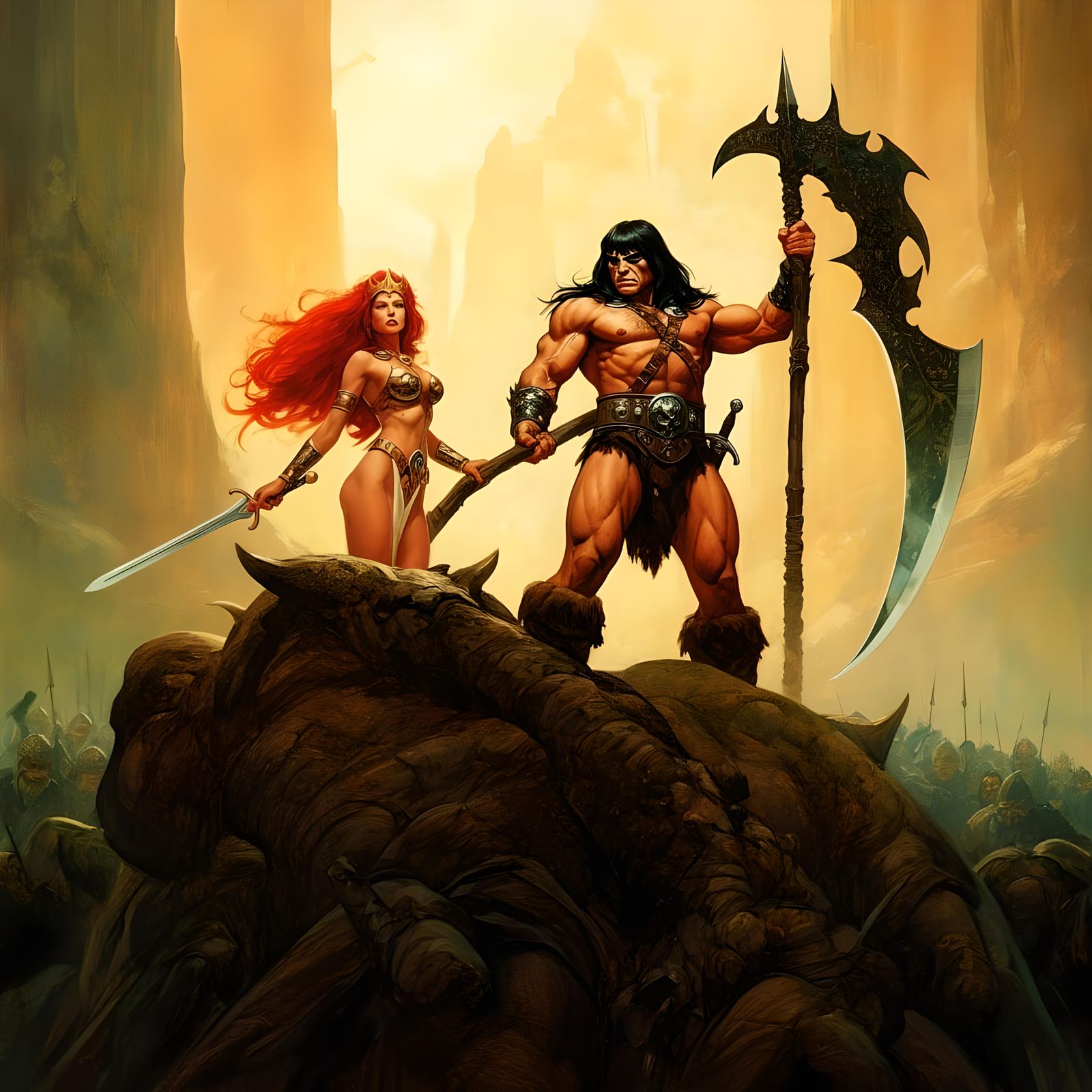 Conan with epic scythe and Red Sonja felled the Cyclops.