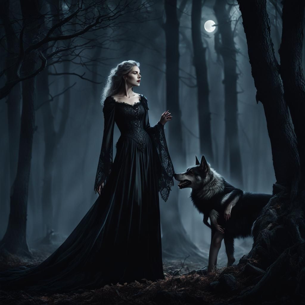Vampire Petting Werewolf in Misty Forest