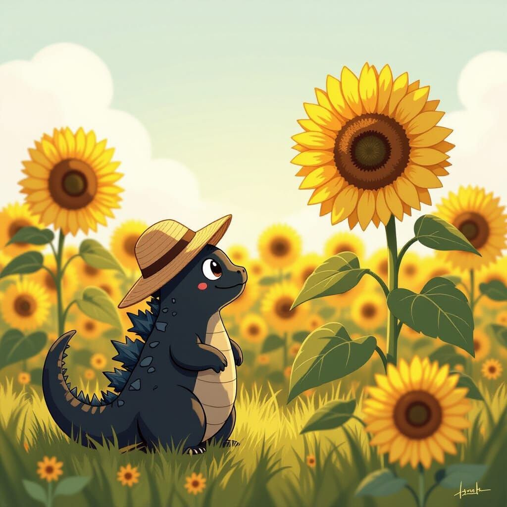 Chibi Godzilla Discovers Sunflower Field, Anime Storybook St...