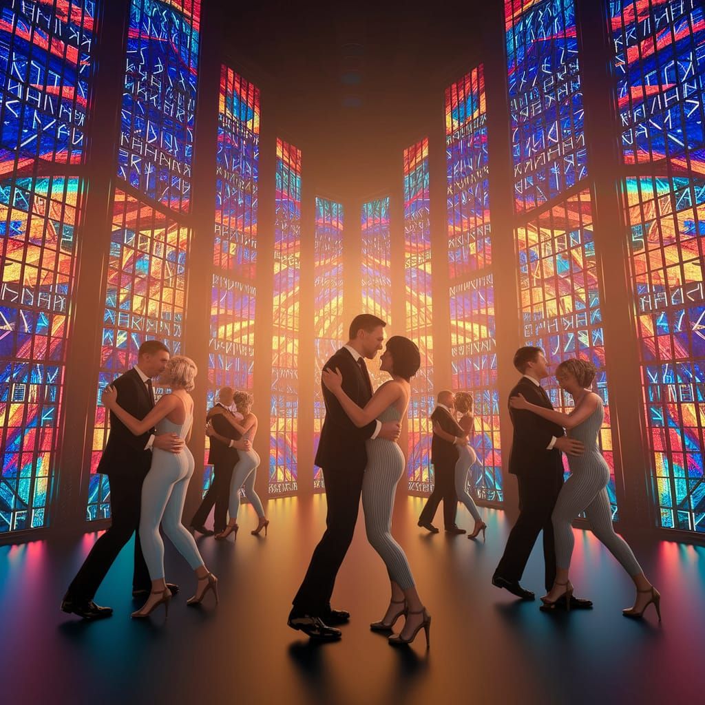 Surreal Futuristic Scene with Stained Glass Walls and Divers...