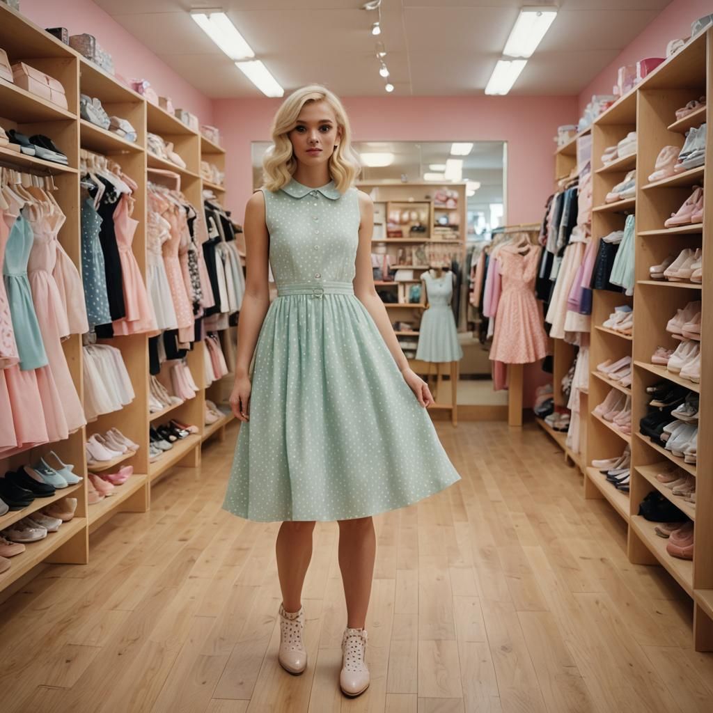 Girl Holds Pastel Polka Dot Dress: Cinematic Film Still