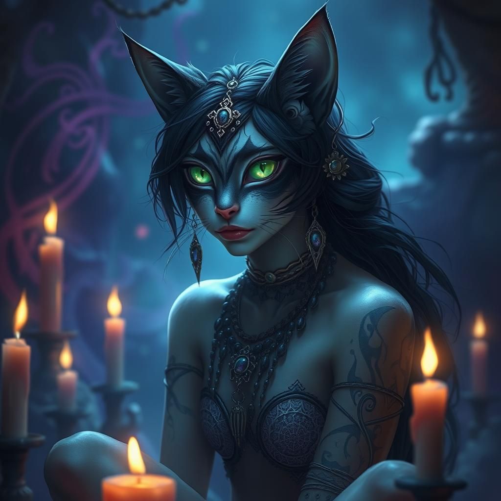 Mystical Cat-Woman with Green Eyes, Digital Matte Painting