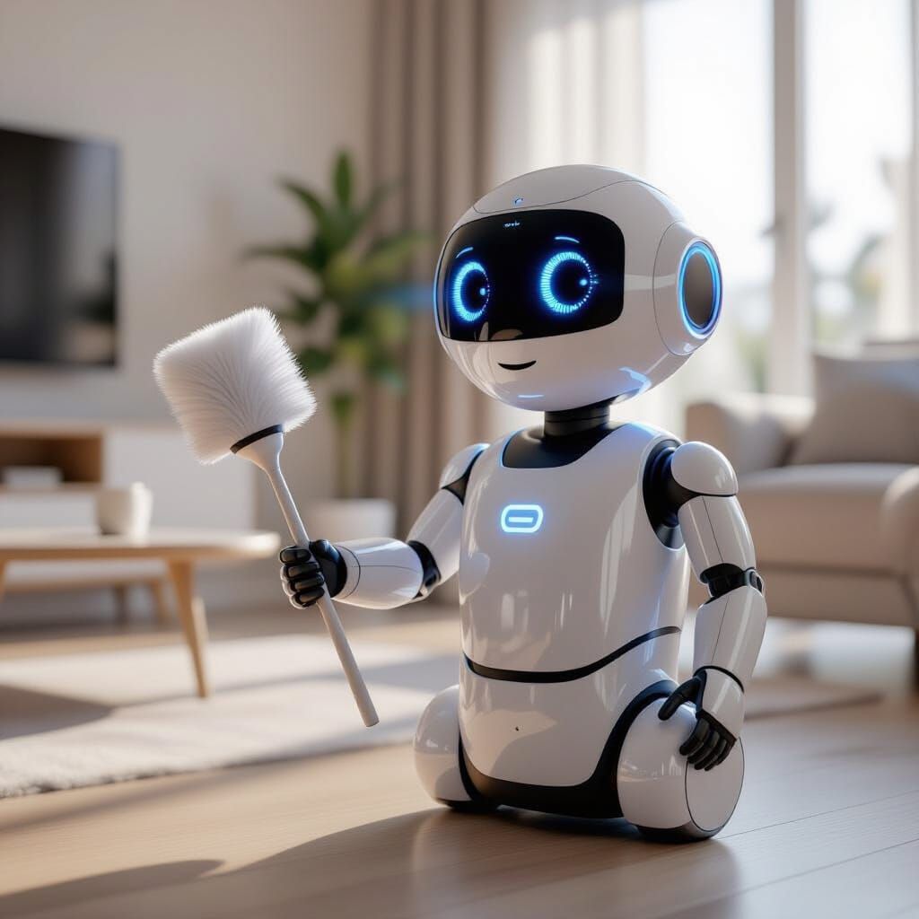 Friendly AI Home Assistant Robot with Duster