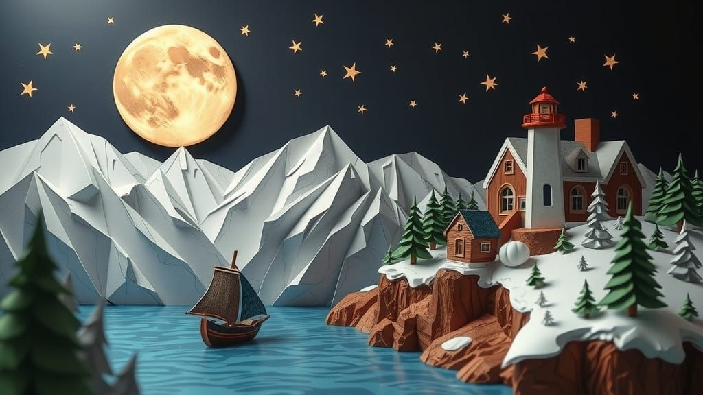 Origami Paper Quilling Village Landscape with Lighthouse
