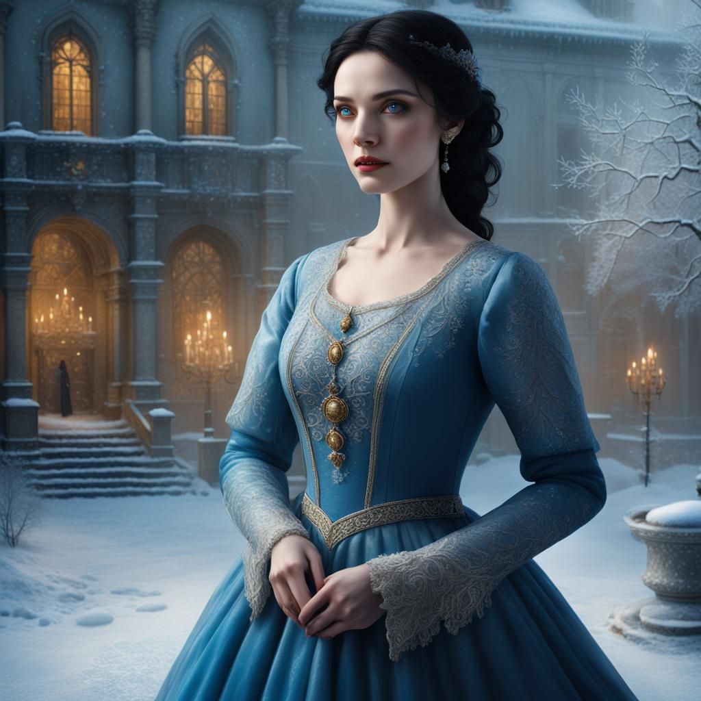 Noblesse Aristocracy Portrait: Woman in Snowy Courtyard