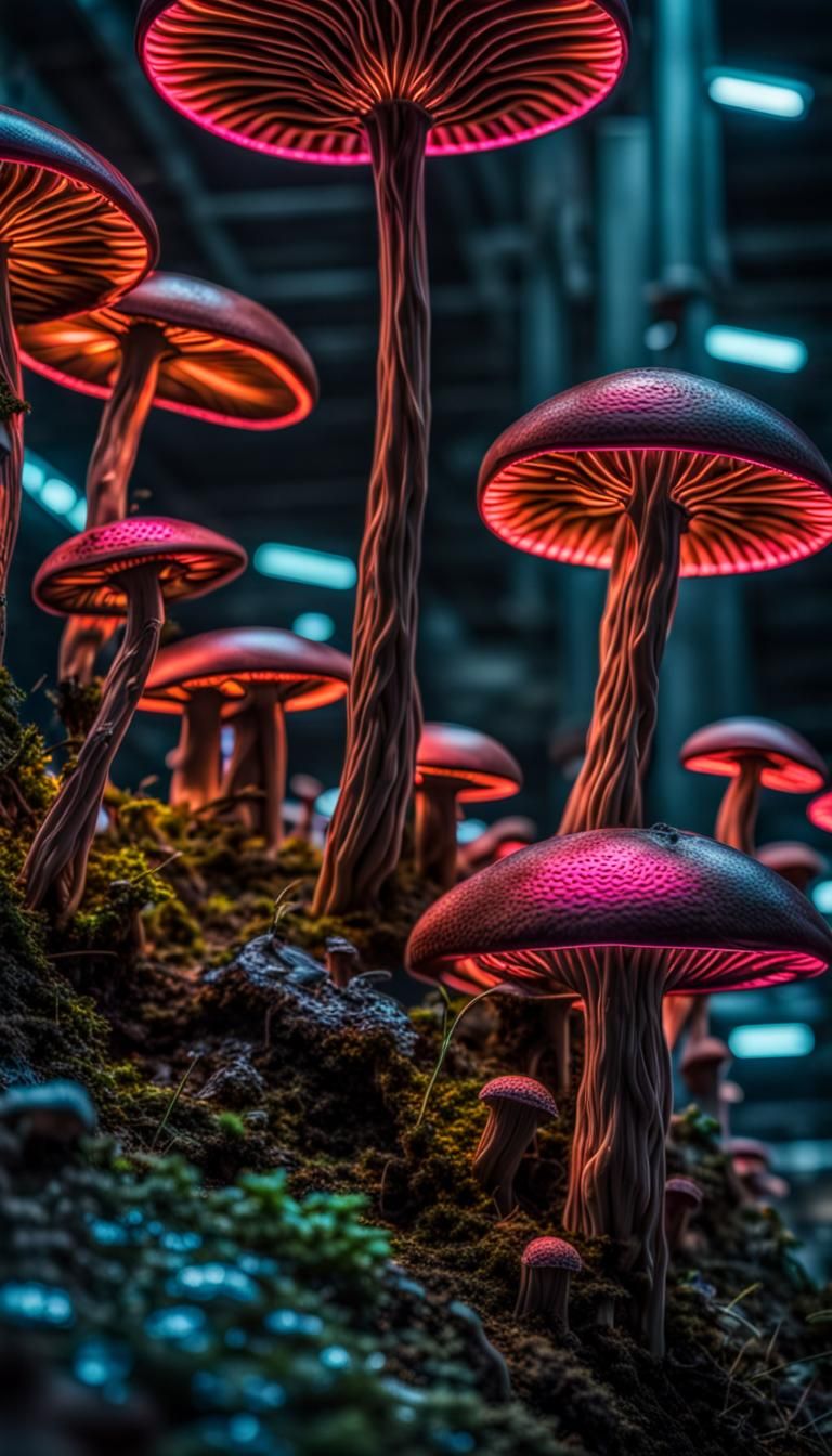 Neon Mushrooms in Power Plant: Hyperrealistic HDR Image