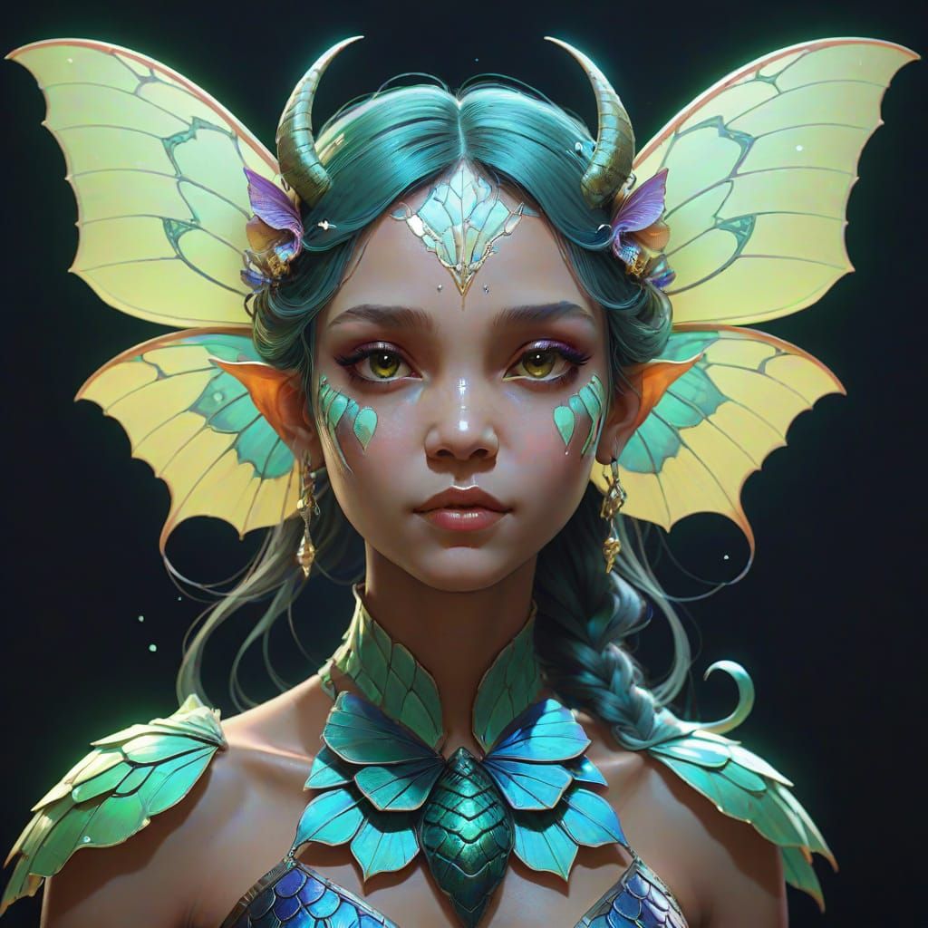 Hybrid Lunar Moth Mermaid Bat Portrait in Unreal Engine