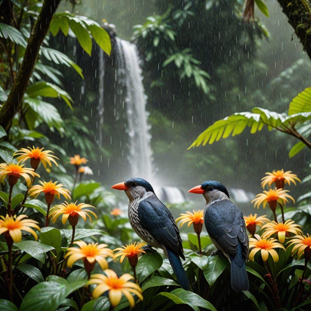 Vibrant Rainforest Scene with Spangled Cotingas and Waterfal...